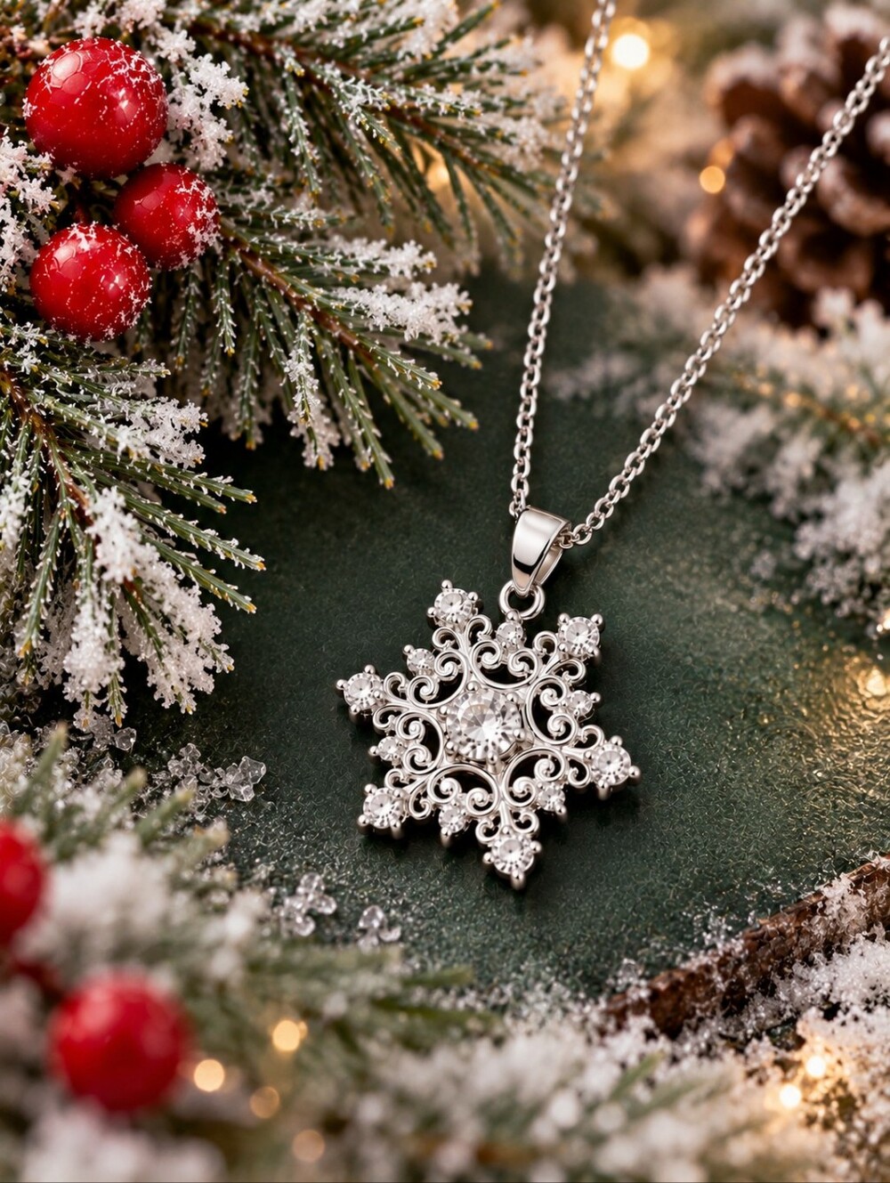 Crystal Snowflake Necklace Silver Tone Filigree CZ Winter Christmas Holiday New